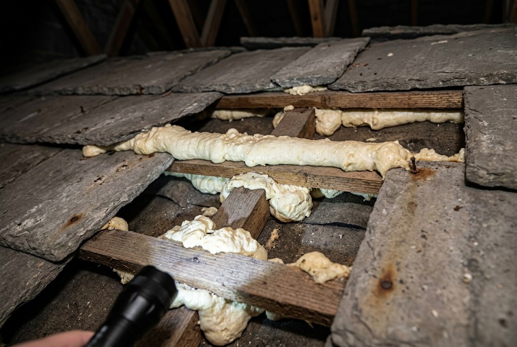 Foam beneath tiles in a Beechwood semi.
