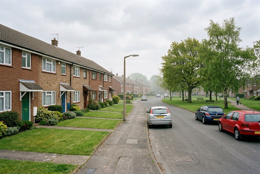 A 1970s new-town housing street in Beechwood