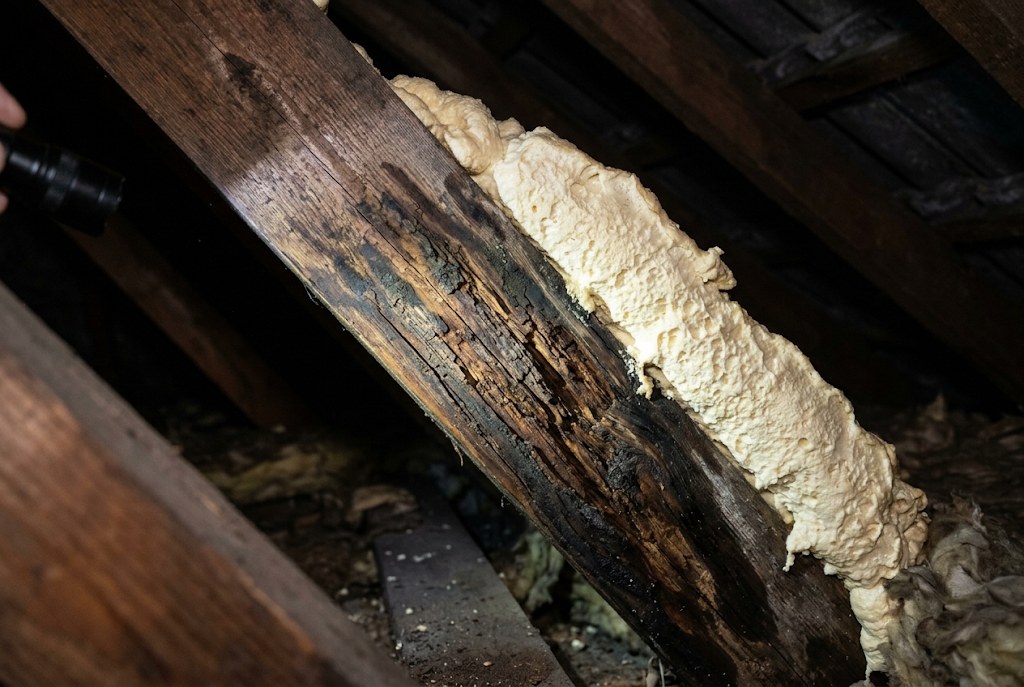 Stained timber where foam has held damp against it.